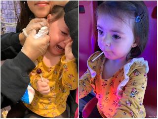 she does not like getting her ears peirced but then she gets a sucker and she is fine     # dramatic