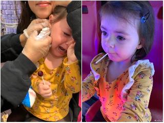 she does not like getting her ears peirced but then she gets a sucker and she is fine # dramatic she does not like getting her ears peirced but then she gets a sucker and she is fine # dramatic